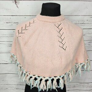 Jillian's Closet Girls Pink Knit Poncho With Fringe 80% Lamb's Wool 20% Nylon‎ -